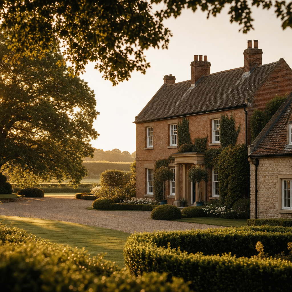A well-maintained English country property with manicured grounds